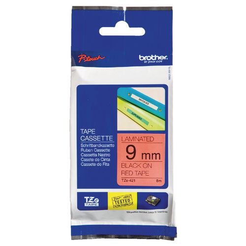 Labeltape brother tze421 zwart, rood 9mmx8m