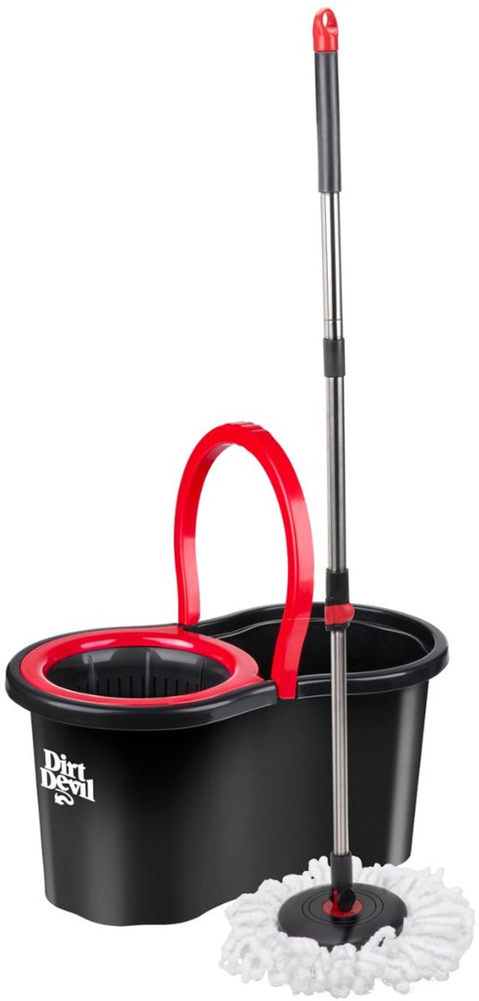 Dirt devil dweilset spin mop set – 360 graden draaibare dweil – uittrekbare stang – roestvrijstalen handgreep – emmer met wringmand – 16 liter – zwart rood