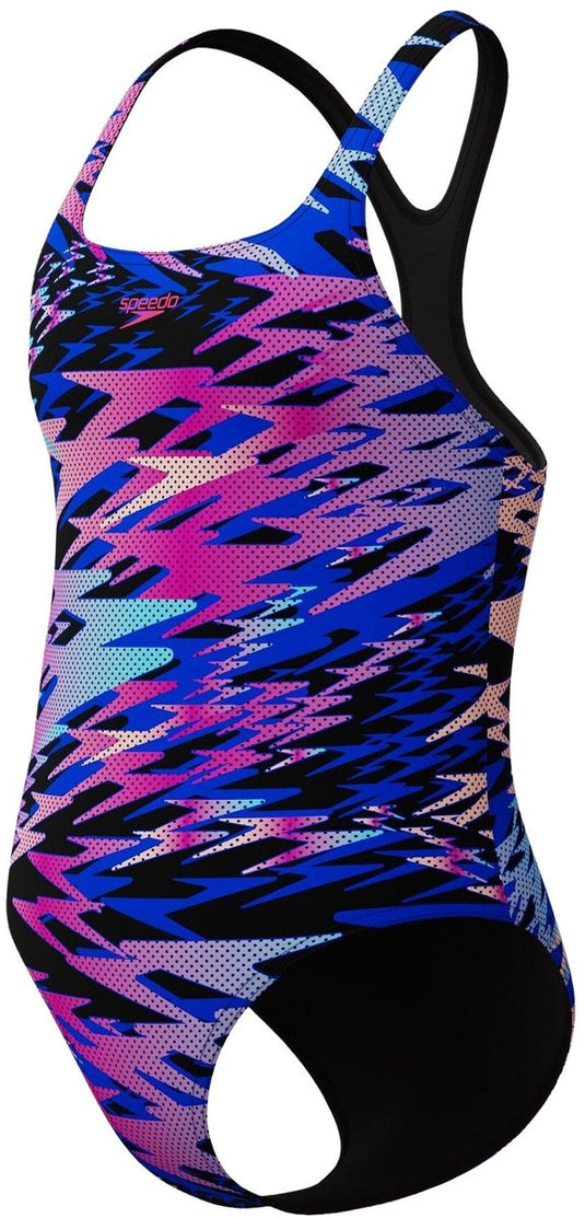 Speedo hyperboom print medalist meisjes sportbadpak - kleurvast badpak meisjes - chloorbestendig zwempak meisjes - sportbadpak meisjes met medalist-bandjes - zwart roze - 140