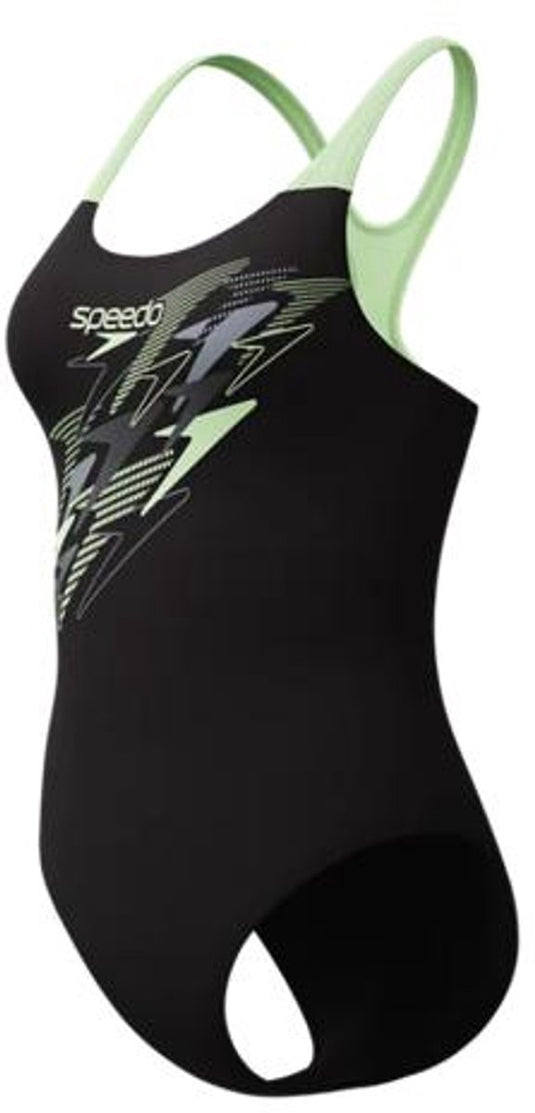 Speedo medley logo medalist 1 piece dames sportbadpak - kleurvast badpak dames - chloorbestendig zwempak dames - sportbadpak dames met medalist-rug - zwart groen - 44
