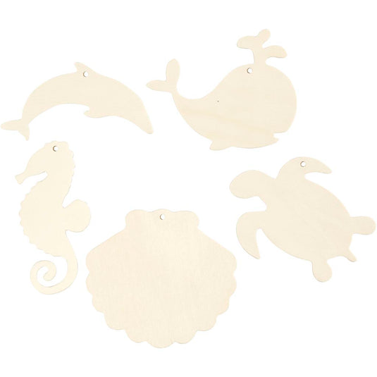 Creativ company zeedieren om op te hangen, zeepaard, schildpad, dolfijn, schelp en walvis, h: 5-10 cm, b: 5-10 cm, gatgrootte 3 mm, dikte 2 mm, 5 stuk 1 doos