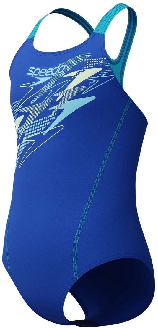 Speedo medley logo medalist meisjes sportbadpak - badpak meisjes met stretch - vormvast zwempak meisjes - sportbadpak meisjes met medalist-bandjes - blauw paars - 128