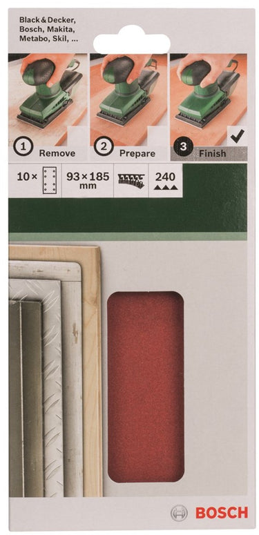 Bosch 10-delige schuurbladset voor vlakschuurmachines 93 x 185 mm - korrel 240