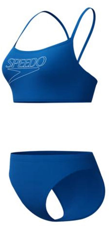 Speedo endurance logo thin strap 2 piece dames - kleurvaste bikini dames - chloorbestendige sportbikini dames - zwembikini dames met v-vormige bandjes - blauw wit - 42