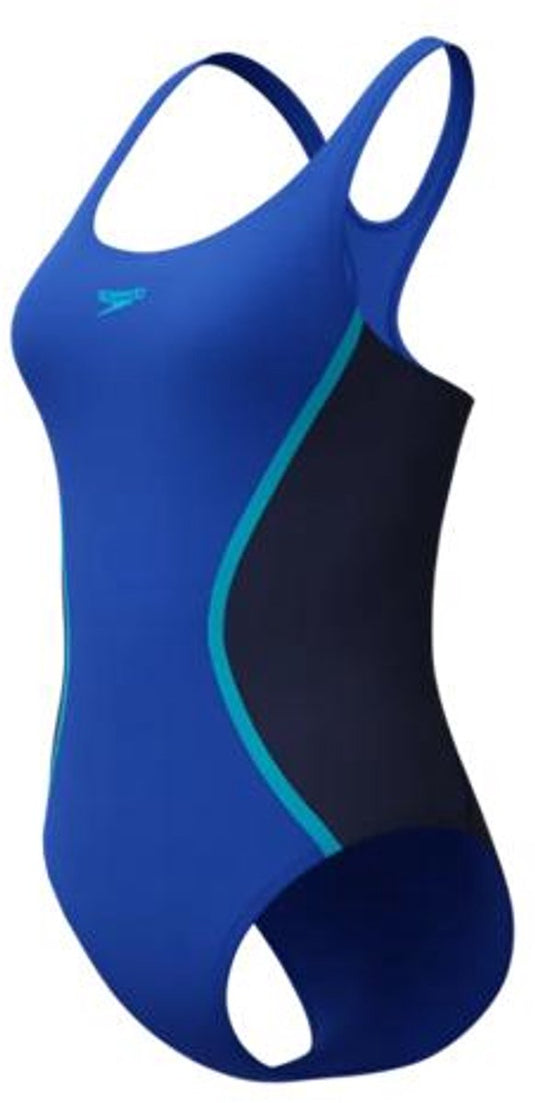 Speedo solid splice medalist 1 piece dames sportbadpak - kleurvast badpak dames - chloorbestendig zwempak dames - sportbadpak dames met medalist-rug - marine blauw - 46