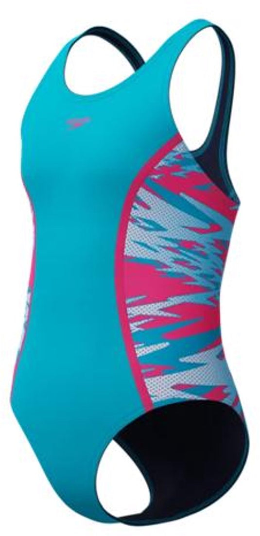Speedo hyperboom splice muscleback meisjes sportbadpak - kleurvast badpak meisjes - chloorbestendig zwempak meisjes - sportbadpak meisjes met muscleback-rug - turquoise roze - 164