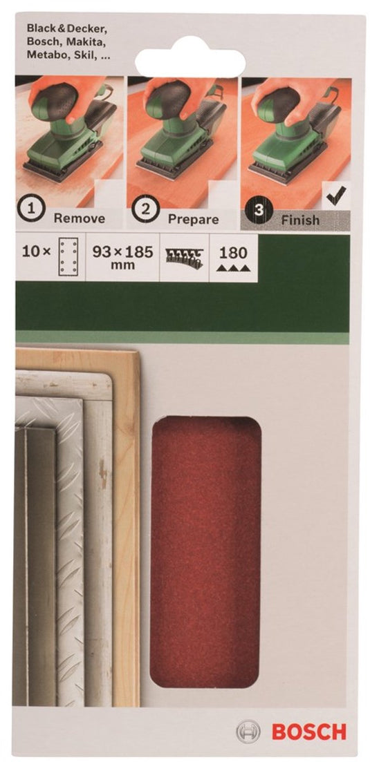Bosch 10-delige schuurbladset voor vlakschuurmachines 93 x 185 mm - korrel 180