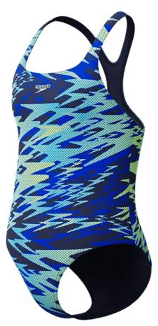 Speedo hyperboom print medalist meisjes sportbadpak - kleurvast badpak meisjes - chloorbestendig zwempak meisjes - sportbadpak meisjes met medalist-bandjes - marine groen - 140