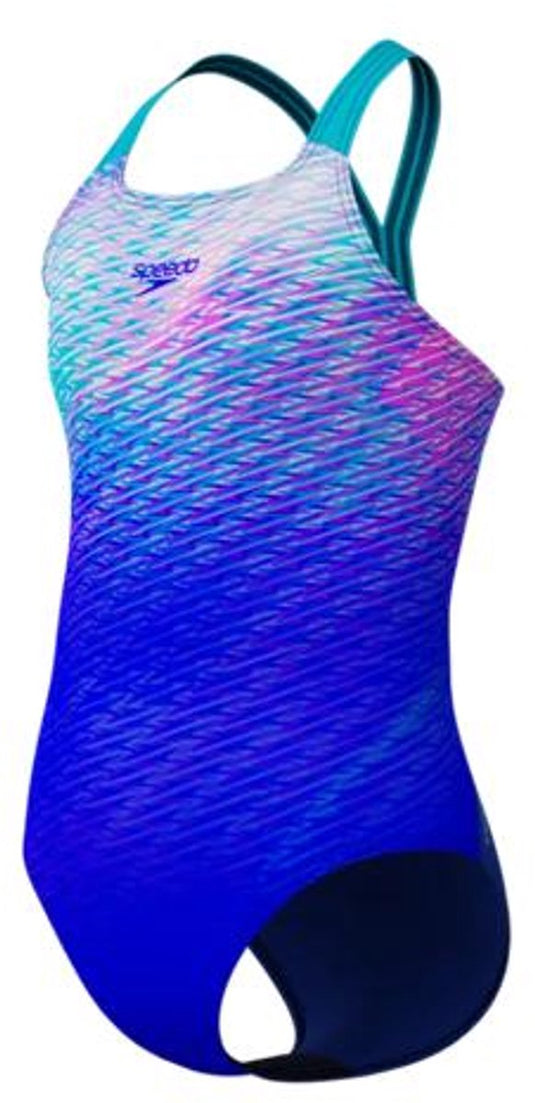 Speedo print powerback meisjes sportbadpak - kleurvast badpak meisjes - chloorbestendig zwempak meisjes - sportbadpak meisjes met powerback-bandjes - blauw turquoise - 176