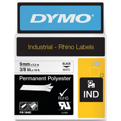 Permanente polyestertape dymo rhino zwart, wit 9 mm