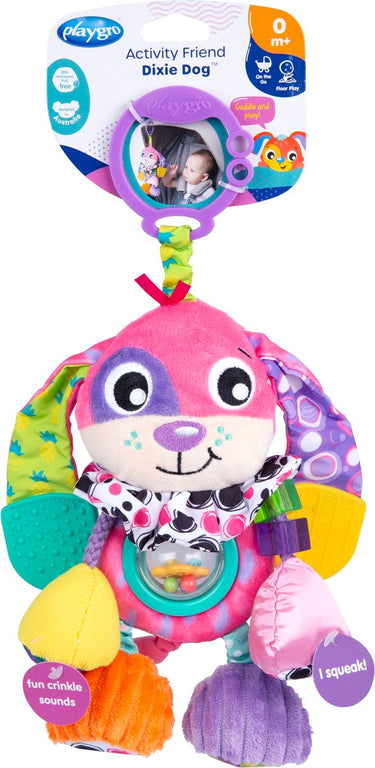 Playgro activity friend dixie dog - baby speelgoed - hangspeeltje - kinderwagenspeeltje - rammelaar - kinderwagenaccessoire - buggyaccessoire - educatief speelgoed - knuffeldier