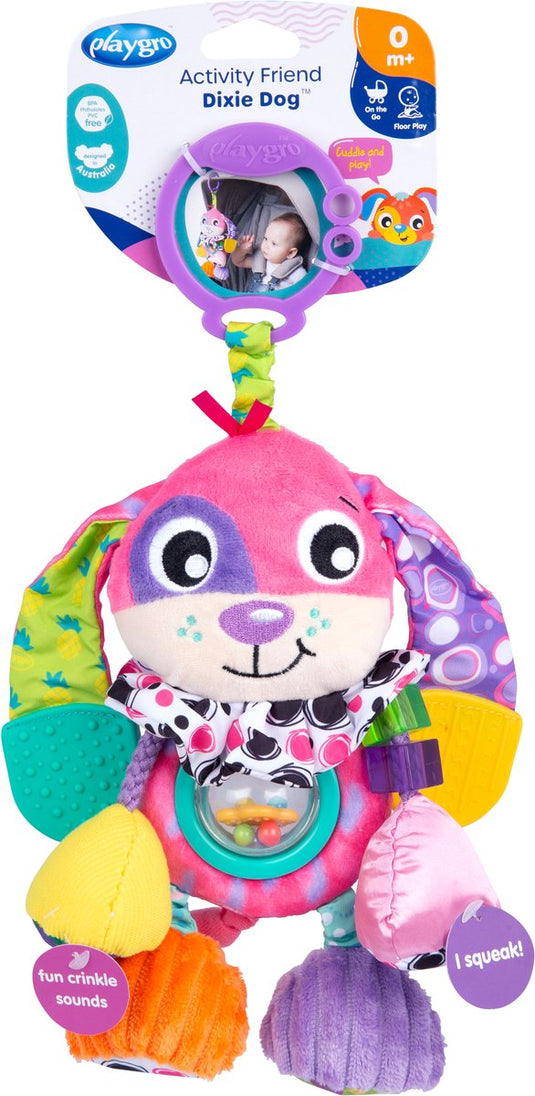 Playgro activity friend dixie dog - baby speelgoed - hangspeeltje - kinderwagenspeeltje - rammelaar - kinderwagenaccessoire - buggyaccessoire - educatief speelgoed - knuffeldier