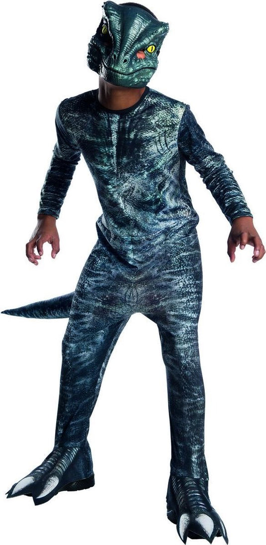 Rubies - dinosaurus kostuum - jurassic world velociraptor dinosaurus kind kostuum - blauw, grijs - maat 128 - carnavalskleding - verkleedkleding