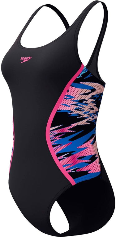 Speedo hyperboom muscleback dames sportbadpak - kleurvast badpak dames - chloorbestendig zwempak dames - sportbadpak dames met muscleback-rug - zwart roze - 38