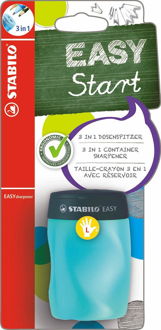 Stabilo easysharpener - ergonomische 3 in 1 puntenslijper - linkshandig - blauw - geschikt voor alle potloden