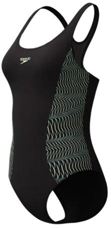 Speedo placement medalist 1 piece dames sportbadpak - badpak dames met stretch - vormvast zwempak dames - sportbadpak dames met medalist-rug - zwart groen - 42