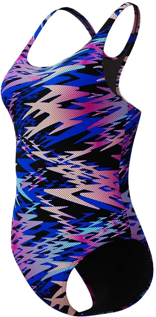 Speedo hyperboom print medalist dames sportbadpak - kleurvast badpak dames - chloorbestendig zwempak dames - sportbadpak dames met medalist-rug - zwart roze - 42