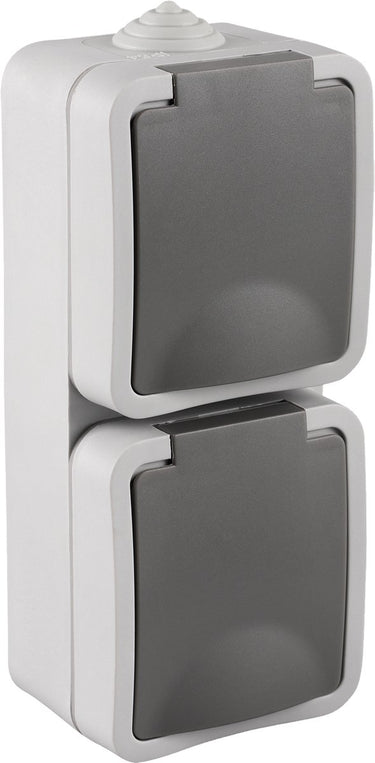 Q-link dubbel buitenstopcontact â€“ opbouw stopcontact â€“ wandcontactdoos â€“ ip54 spatwaterdicht â€“ verticaal â€“ grijs