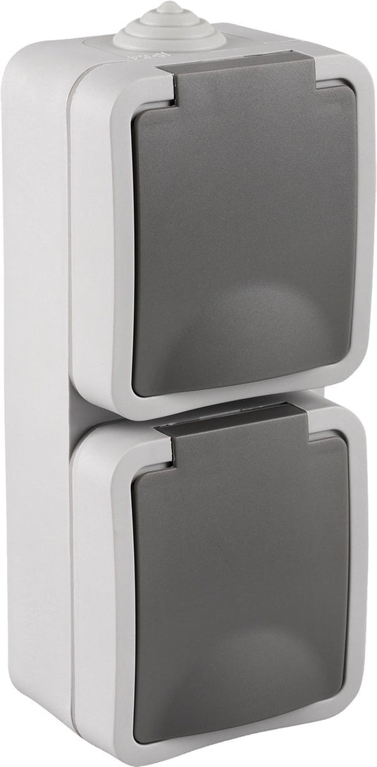 Q-link dubbel buitenstopcontact â€“ opbouw stopcontact â€“ wandcontactdoos â€“ ip54 spatwaterdicht â€“ verticaal â€“ grijs