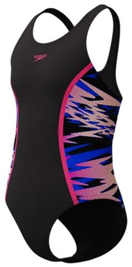 Speedo hyperboom splice muscleback meisjes sportbadpak - kleurvast badpak meisjes - chloorbestendig zwempak meisjes - sportbadpak meisjes met muscleback-rug - zwart roze - 176
