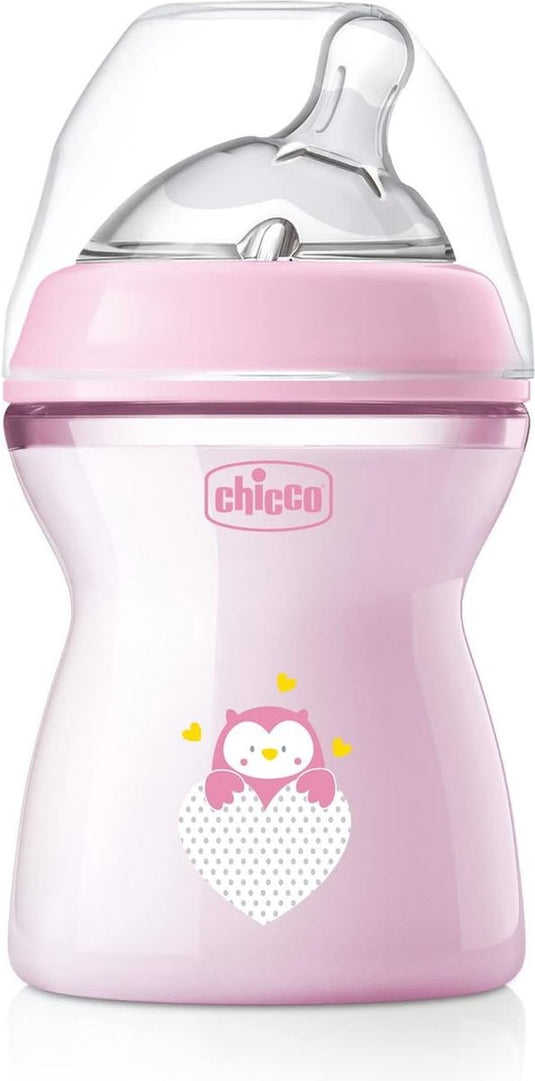 Chicco natural feeling babyfles voor 2 maanden + 250 ml, fles met zuignap van zachte en flexibele siliconen, geschikt voor gemengde borstvoeding, middeldichte stroom, roze 2+ m