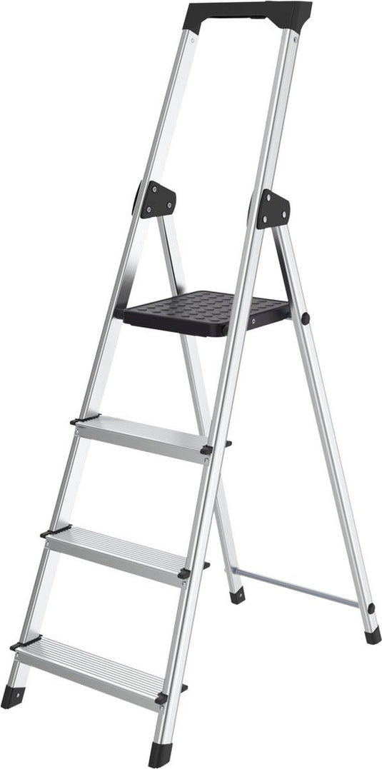 Brasq huishoudtrap 4 -treden zilver - keukentrap inklapbaar aluminium voor particulier en professioneel gebruik - trap ladder - anti slip