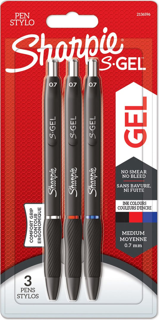 Sharpie s-gel | gelpennen | medium punt (0,7 mm) | zwarte, rode en blauwe inkt | 3 stuks