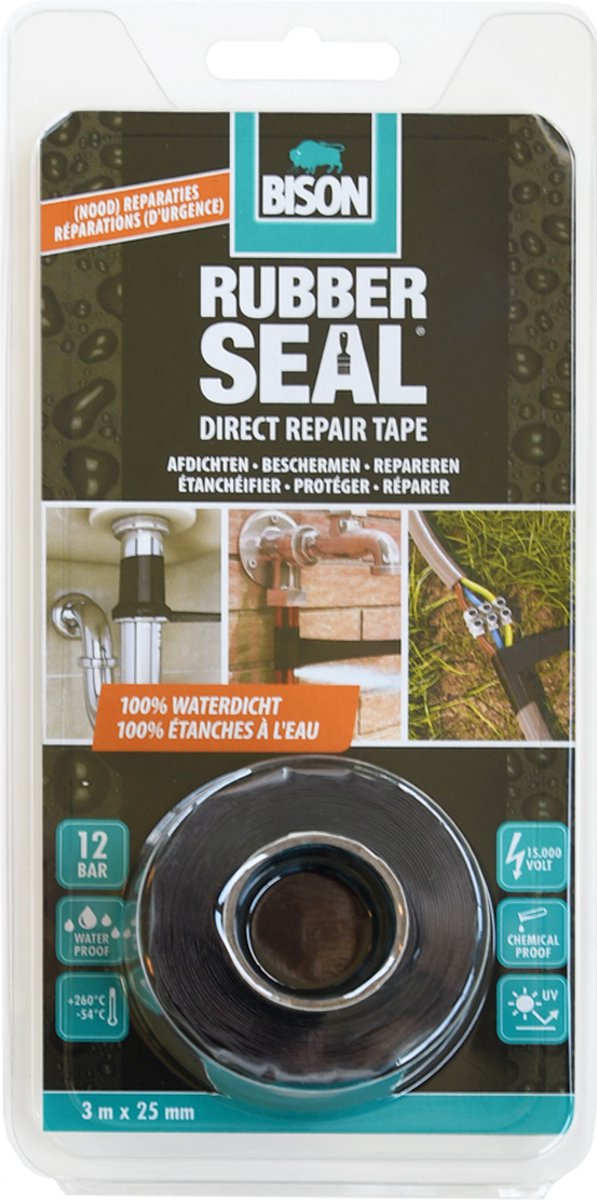 Afbeelding laden in galerijviewer, Bison rubber seal direct repair tape 3 meter x 25 mm - direct repareren, sterke reparatietape, direct 100% waterdicht, binnen en buiten, repareren, versterken, afdichten, verbinden
