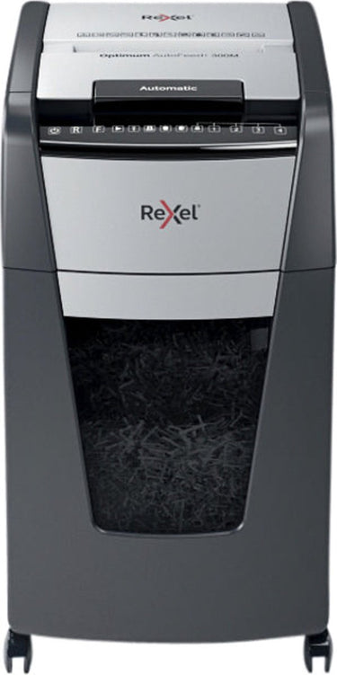 Rexel optimum autofeed+ 300m fluisterstille papierversnipperaar - p5 microsnippers - automatische invoer tot 300 vel - 60l - zwart