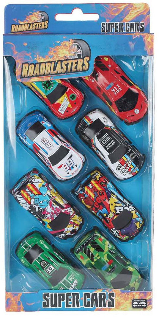 Roadblasters auto's die cast pull back 7,5cm, 8st.