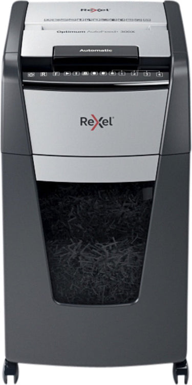 Rexel optimum autofeed+ 300x fluisterstille papierversnipperaar - p4 snippers - automatische invoer tot 300 vel - 60l - zwart