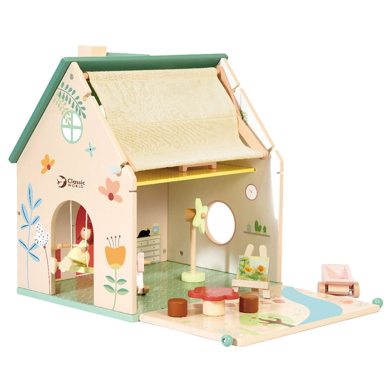 Load image into Gallery viewer, Classic world houten poppenhuisje met tuintje, 10dlg.
