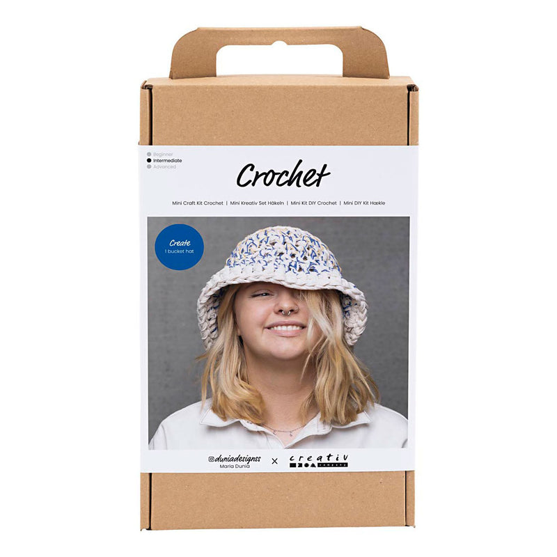 Load image into Gallery viewer, Creativ company https: www.cchobby.nl hobbyset-haken-grote-zonnehoed-blauw-licht-naturel-geel-1-doos
