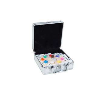 Engelhart domino dubbel 12 mexican train – 91 stenen met gekleurde ogen – luxe aluminium koffer met handvat – inclusief station treinen – strategisch familiespel –