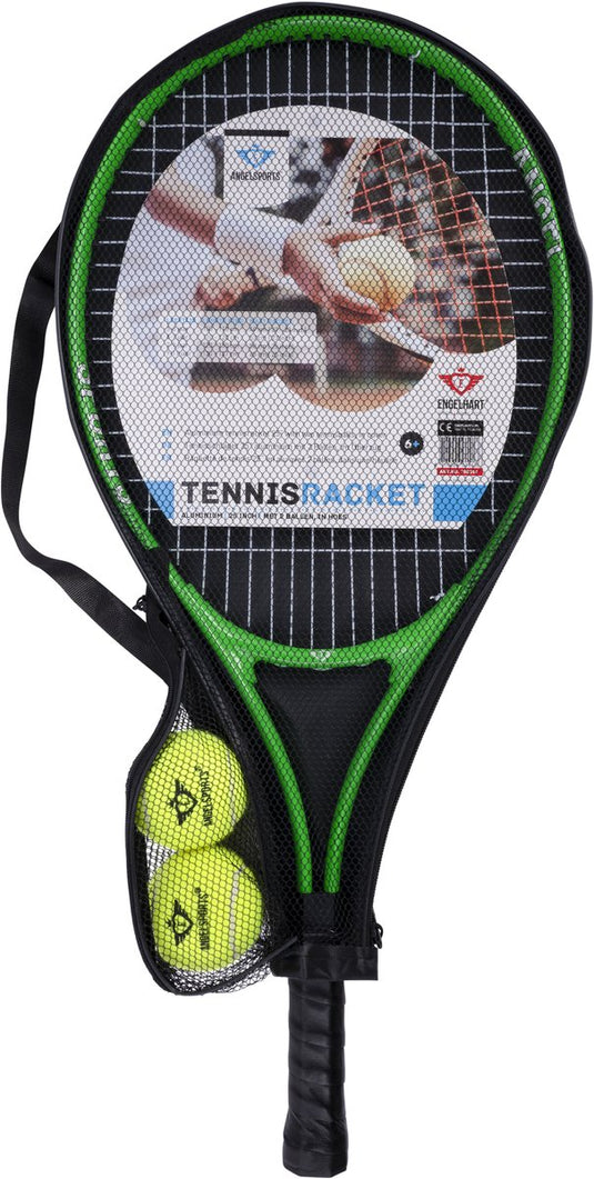 Tennisracket met hoes en 2 ballen - groen