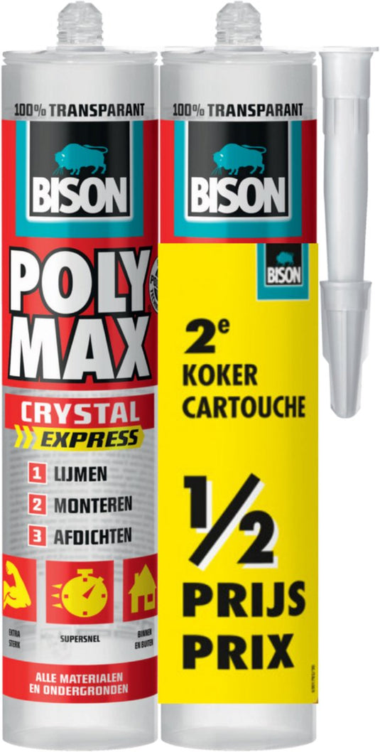 Bison poly max crystal express koker 2x 300 gram- duo verpakking, 2e koker halve prijs, transparante montagelijm, lijmen, monteren en afdichten, unieke smp technologie, oplosmiddelvrij, binnen en buiten, vrijwel alle ondergronden