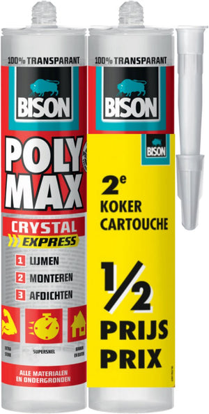 Bison poly max crystal express koker 2x 300 gram- duo verpakking, 2e koker halve prijs, transparante montagelijm, lijmen, monteren en afdichten, unieke smp technologie, oplosmiddelvrij, binnen en buiten, vrijwel alle ondergronden