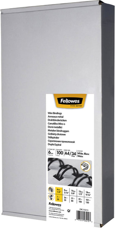 Fellowes bindruggen metaal 6 mm wit, 100 stuks