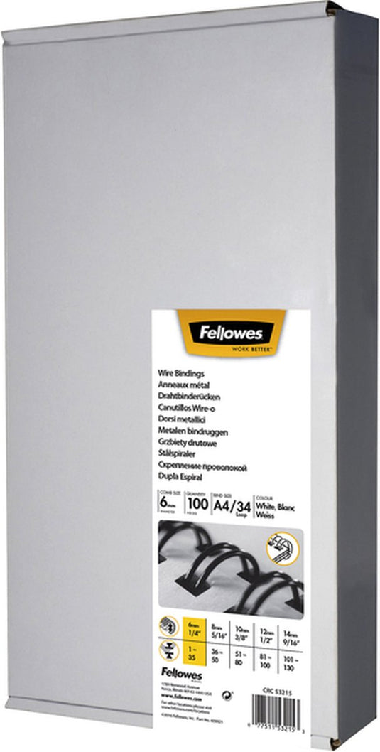 Fellowes bindruggen metaal 6 mm wit, 100 stuks
