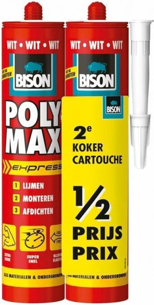 Bison poly max express wit 2x 425gr, duo verpakking, 2e koker halve prijs, - montagelijm, lijmen,monteren en afdichten, unieke smp technologie, oplosmiddelvrij, binnen en buiten, vrijwel alle ondergronden