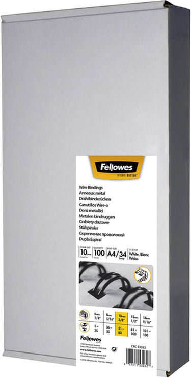 Fellowes bindring - metalen bindruggen - 10 mm voor 80 vel -34-rings - a4 - wit - 100 stuks