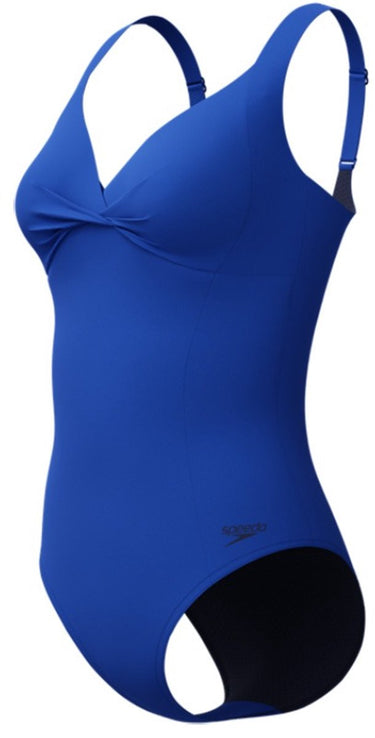 Speedo shaping cross knot 1 piece dames sportbadpak - corrigerend badpak dames - zwempak dames met uitneembare cups - sportbadpak dames met hartvormige halslijn en verstelbare bandjes - blauw - 42