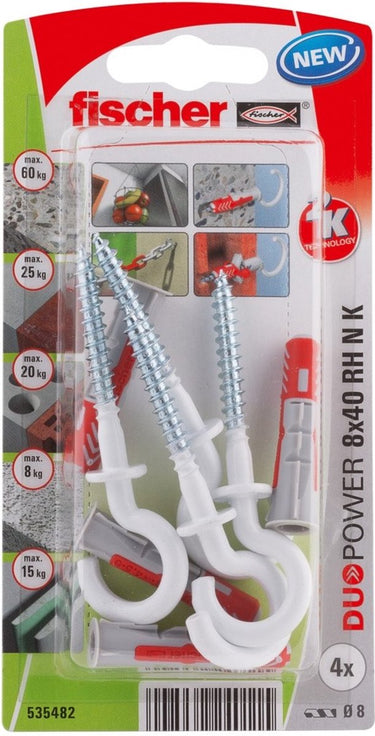 Fischer duopower serie - universele plug - 8x40 mm - nylon hakaansluiting - wit