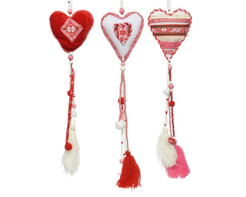 Afbeelding laden in galerijviewer, Decoris decohanger hart textiel 9x1,5x55cm rood-wit met kwastjes en kralen
