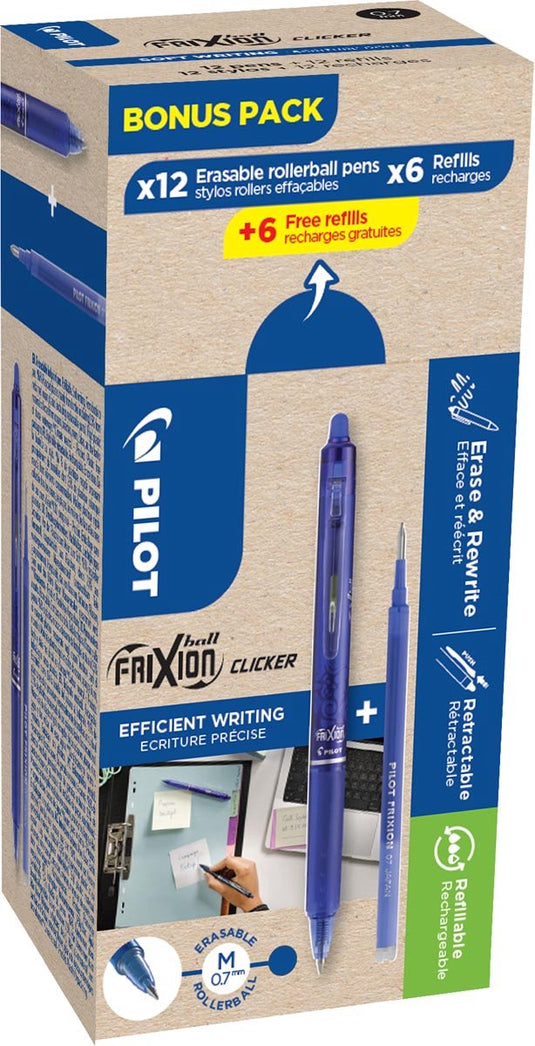 Pilot frixion ball clicker | 12 rollers en 6+6 vullingen 0 | 7 mm | blauw
