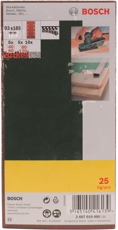 Bosch accessoires 25-delige schuurbladenset vlak 93x185 voor vlakschuurmachines, korrel 40, 60, 80, 120 - 2607019495