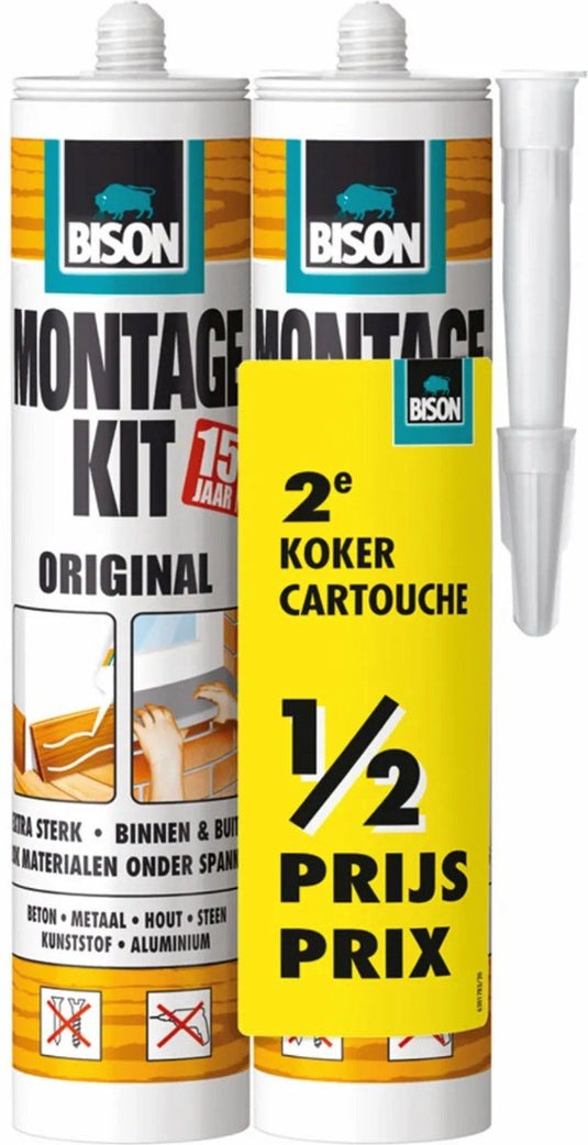 Bison montagekit original koker 2x 350 g, duo verpakking, 2e koker halve prijs, montagelijm, bevestigen, hoge eindsterkte, binnen en buiten, blijvend elastisch, extra sterk, vullend eenvoudig in gebruik