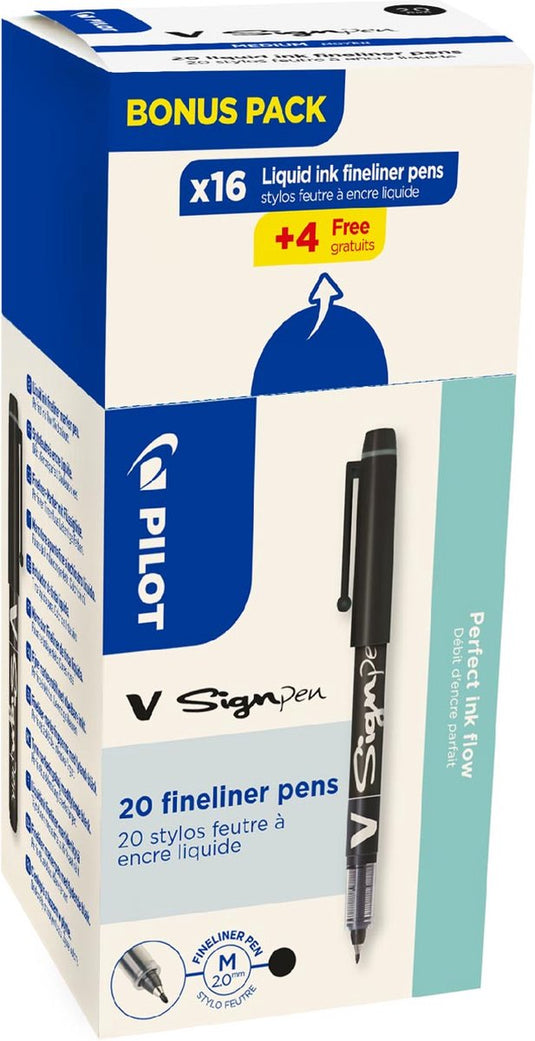Pilot fineliner v-sign pen, doos van 16 + 4 stuks, zwart