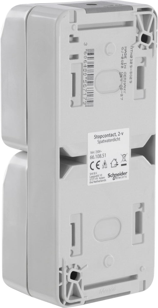 Schneider electric merten aquastar contactdoos - spatwaterdicht - opbouw - 2-voudig - randaarde - verticaal - ip44 - grijs