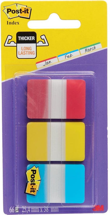 Post-it ® index strong, blauw, rood, geel, 25.4 x 38 mm, 22 tabs kleur dispenser